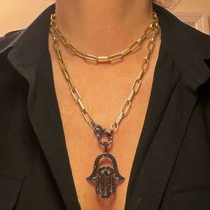 COPY - NWOT matte gold filled oval paperclip chain w/ micro pave clasp & hamsa.